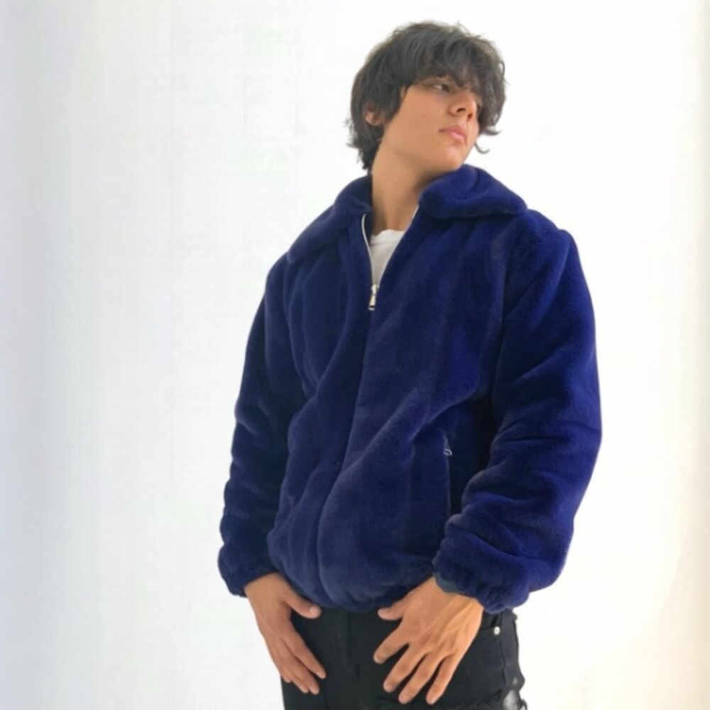 Men's Fashion Navy Faux Fur Fuzzy Coat NWT
